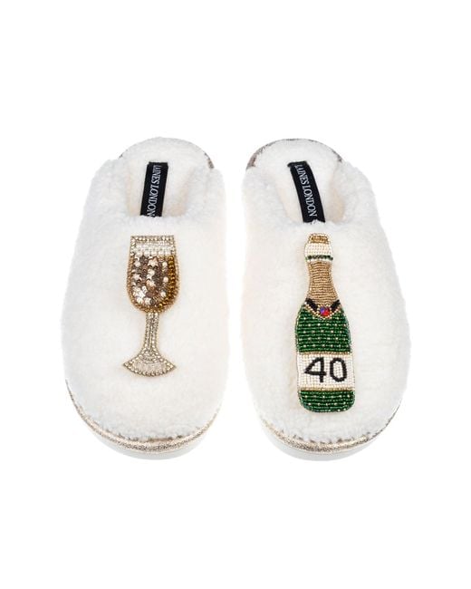Laines London White Neutrals Teddy Closed Toe Slippers With 40Th Champers Bottle & Glass Brooches