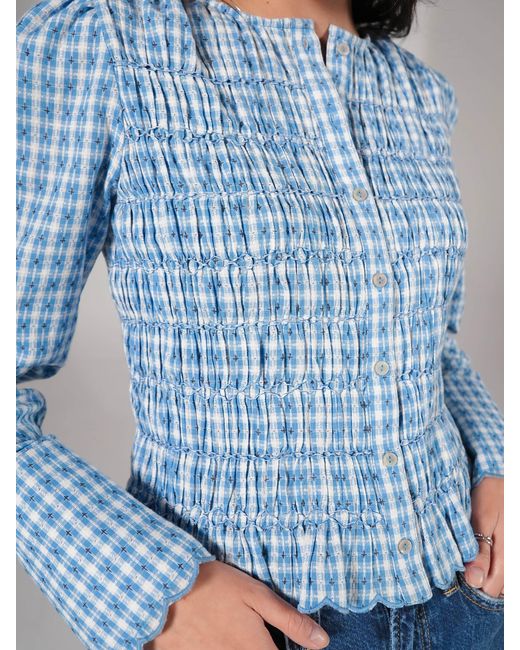 Rose & Nancy Blue Mary Cotton Gingham Check Smocked Blouse