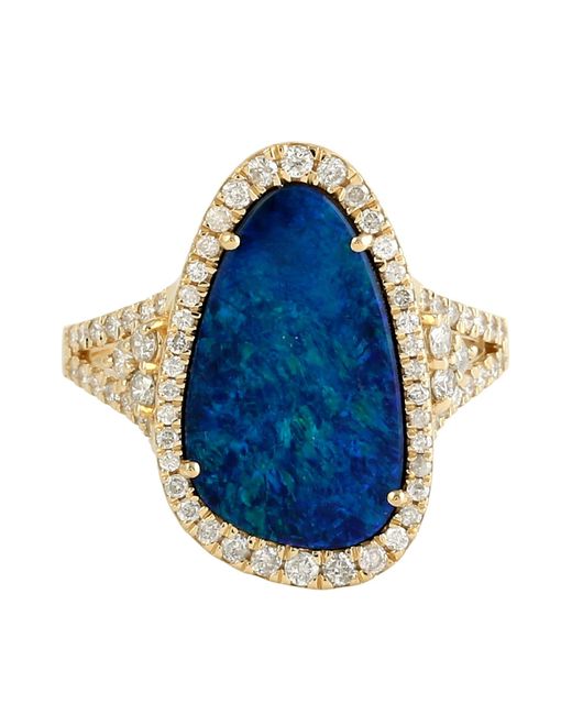 Artisan Blue 18k Gold Oval Opal Doublet Gemstone Natural Diamond Cocktail Ring Handmade