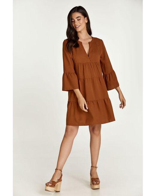 Conquista Brown Chocolate Tencel Gathered Seams Dress