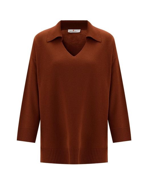 Peraluna Brown Polo V Neck Wide Sleeve Loose Fit Knit Pullover