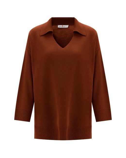 Peraluna Brown Polo V Neck Wide Sleeve Loose Fit Knit Pullover
