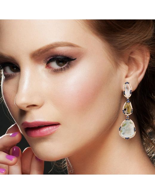 Artisan White 18k Rose Gold Blue Sapphire Geode Diamond Dangle Earrings