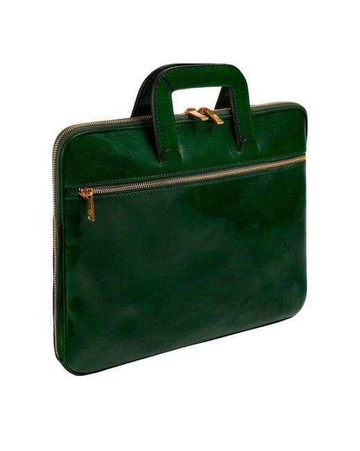 Time Resistance Green Leather Briefcase Laptop Bag for men