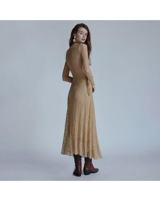 Belsize25 Natural Neutrals Trumpet Dress Flared Sleeve Knit Lace Sheer Tie Dress
