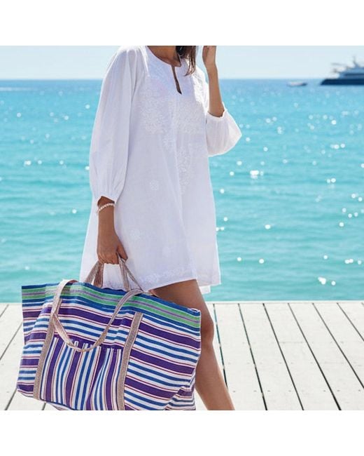 La Mandarine Blue Beach Bag, Xl Size, Colourful Striped Weekender Bag, Tote, Shopper, Recycled Nylon