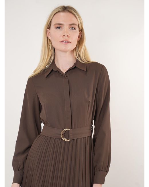 John Abgin Brown Chiffon Belted Pleated Midi Shirt Dress