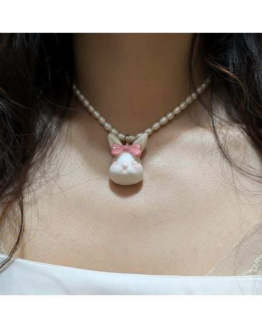 H2 Studio Metallic Grumpy Bunny Coral Bow Tie Freshwater Pearl Necklace