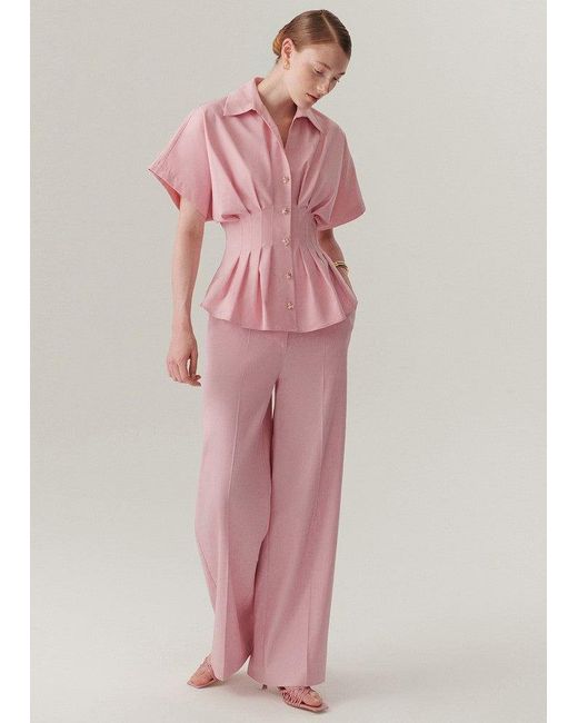 Exquise Pink Regular Pleated Waist Button-Up Blouse