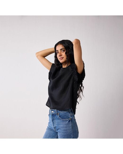 REISTOR Black Hemp Top With Gathered Sleeve Detail