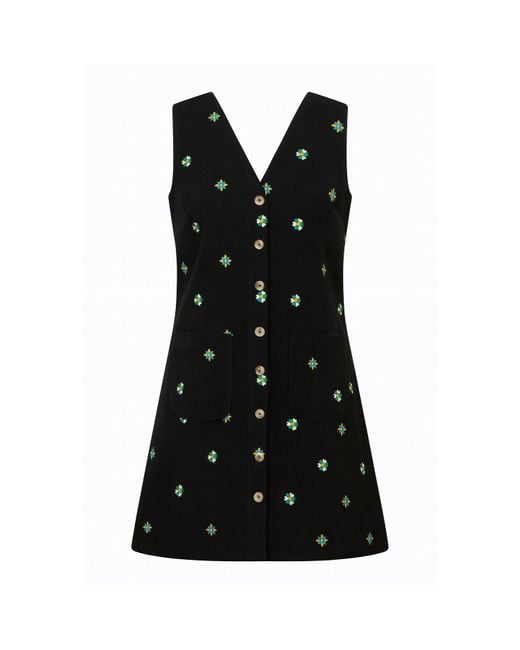 Yumi' Black Flower Embroidered Button Up Pinafore Dress