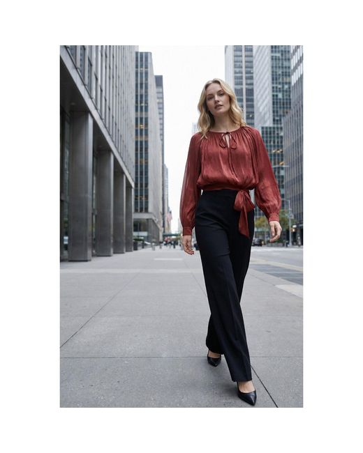 Modenaire Brown Gathered Tie-Neck Blouse With Blouson Silhouette And Waist Tie