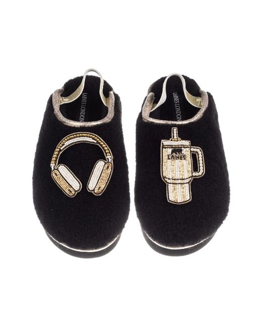 Laines London Black Flatform Cloud Closed Toe Slippers With Headphones & Quencher Brooches
