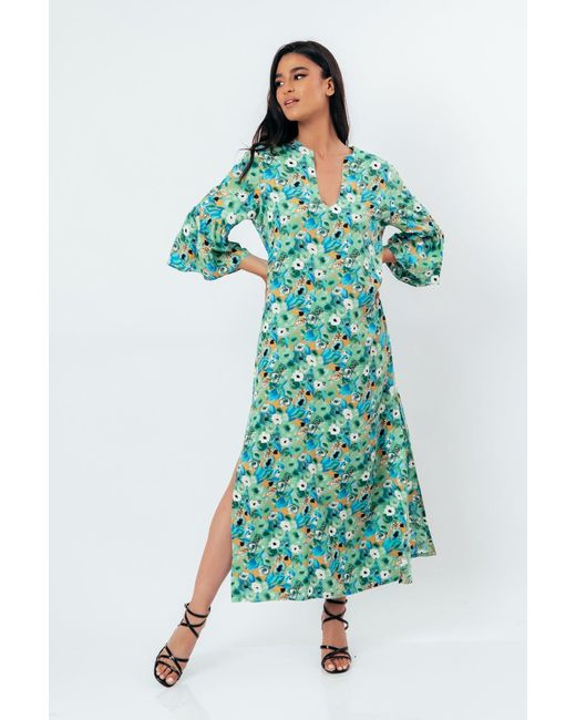 Conquista Green Floral Kaftan Style Maxi Dress
