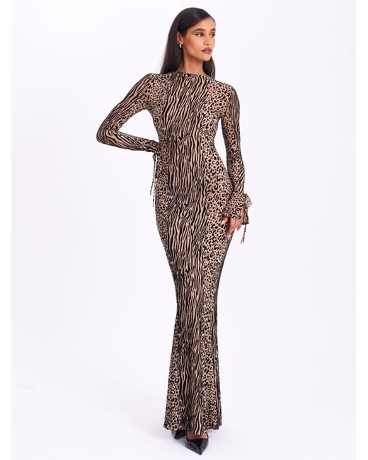 Miss Circle New York Gray Neutrals Waylynn Nude Animal Print Burnout Velvet Detail Mesh Backless Maxi Dress