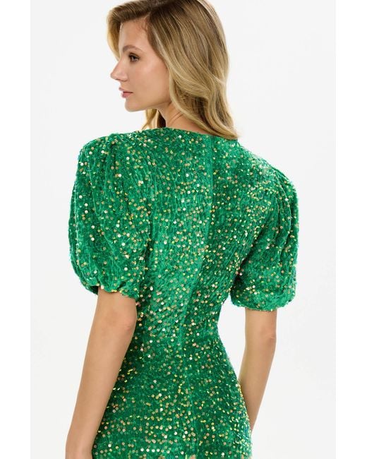 POST MERIDIEM Green Sequin Decorated Velvet Puff Sleeve Midi Dress