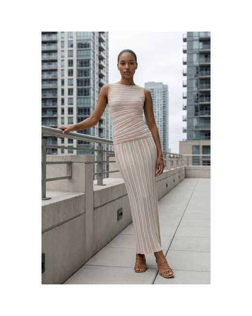 Modenaire Natural Striped Ribbed Knit Set With Fitted Tank And Midi Skirt
