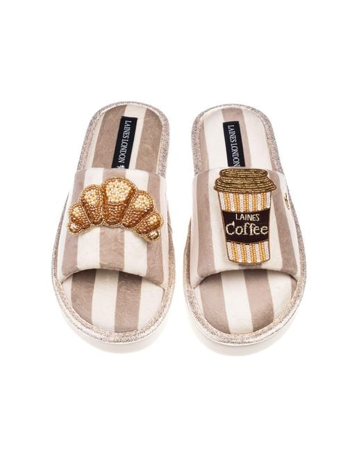 Laines London Metallic Neutrals Flatform Stripe Open Toe Slippers With Coffee & Croissant Brooches