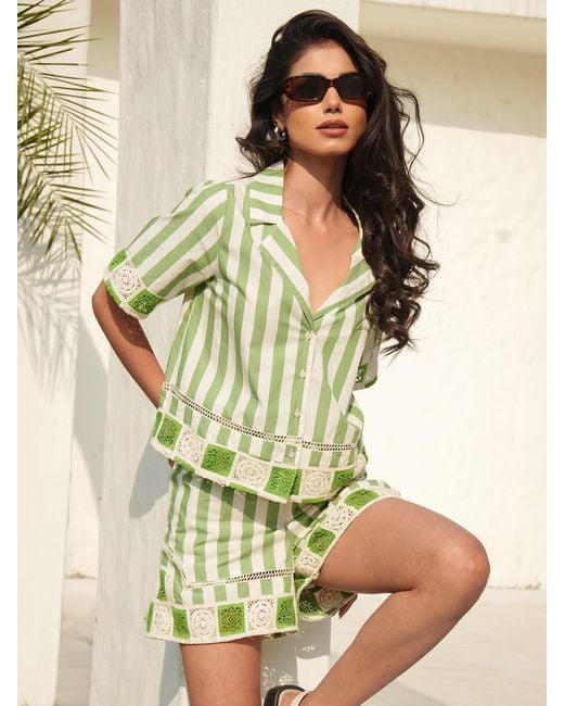 Rose & Nancy Green Helena Stripe Crochet Trim Cotton Resort Shirt