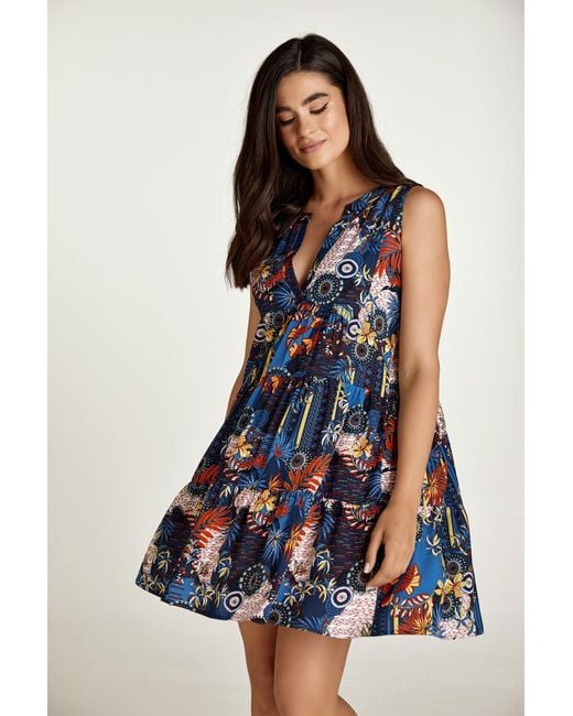 Conquista Blue Sleeveless Flora Print A Line Dress