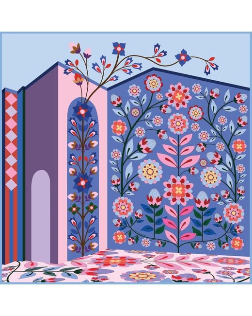 Jessie Zhao New York Blue Double Sided Wool Silk Scarf Of Flower Imagination