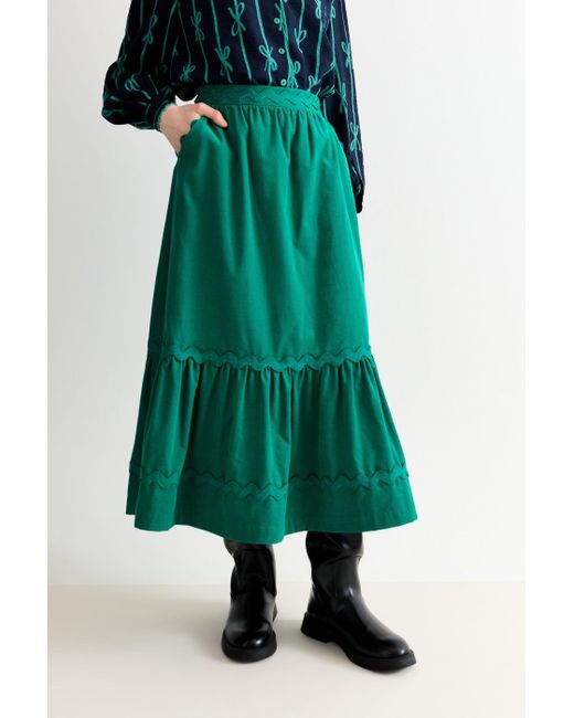 Louche Montana Babycord Ric Rac Trim Tiered Midi Skirt in Green | Lyst UK