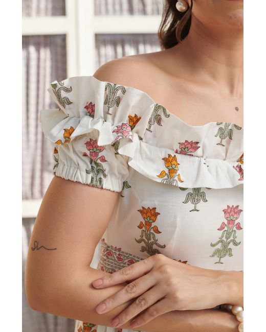 Echo of Pink White Isla Hand Block Print Offshoulder Cotton Maxi Dress