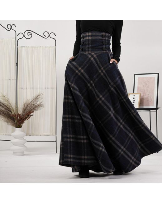 Nikka Place Blue Wool Tartan Floor Length Skirt With Ultra High Waist