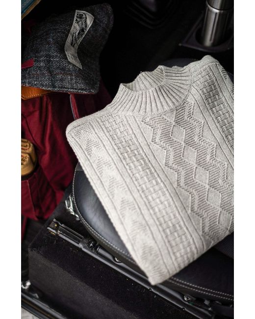 Paul James Knitwear Gray Midweight Cotton Cromer Mock Neck Gansey Jumper for men