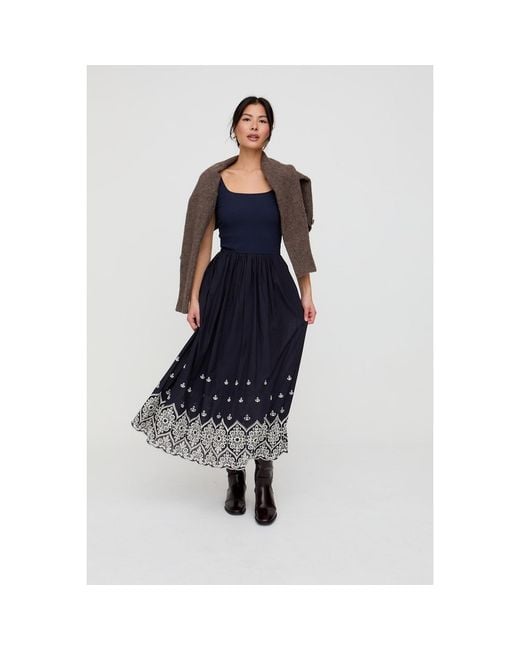 Lily and Lionel Blue Cora Sleeveless Jersey Bodice Embroidered Midi Dress