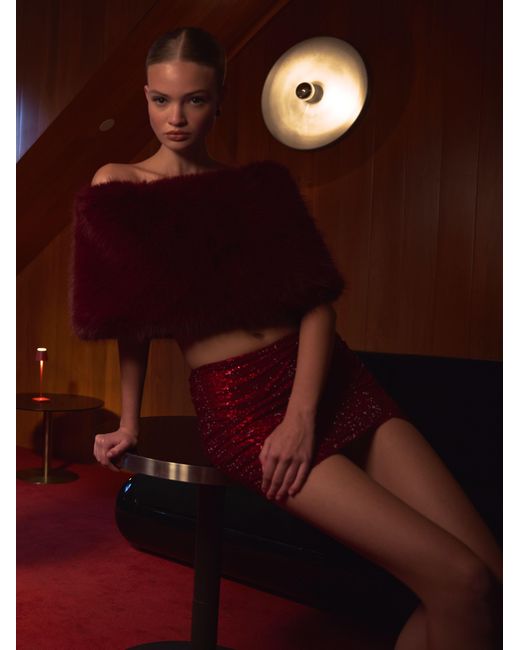 Miss Circle New York Red Darla Burgundy Faux Fur Off-Shoulder Cropped Top