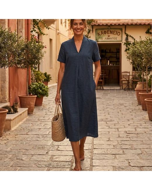 NoLoGo-chic Blue Elodie Short Sleeve Midi Dress Linen