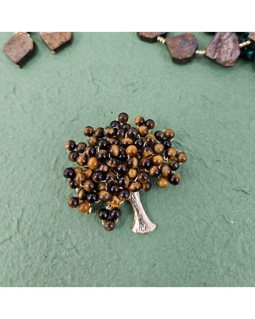 Farra Metallic Handcrafted Tree Shape Tiger-Eye Stone Brooch
