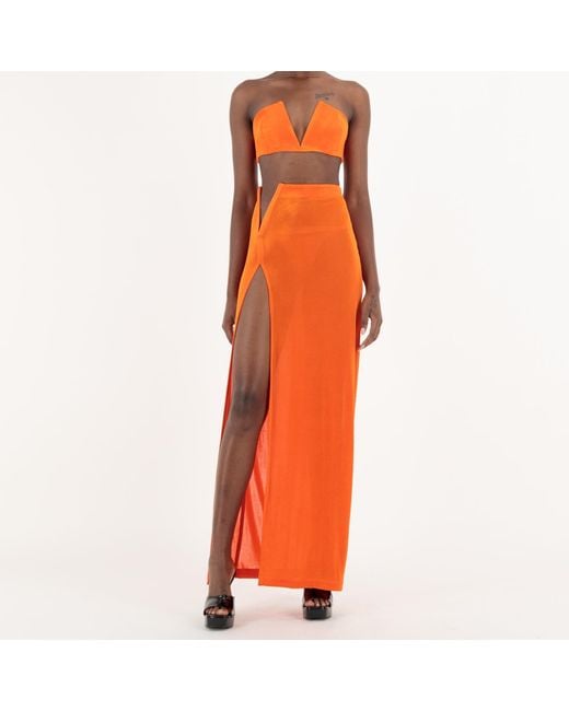 Úchè Orange Deep V High Slit Skirt With Matching Deep V Tube Top Set