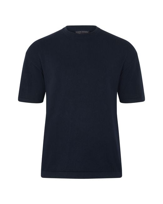 Paul James Knitwear Blue Lightweight Cotton Ewan Oversized Knitted T-Shirt for men