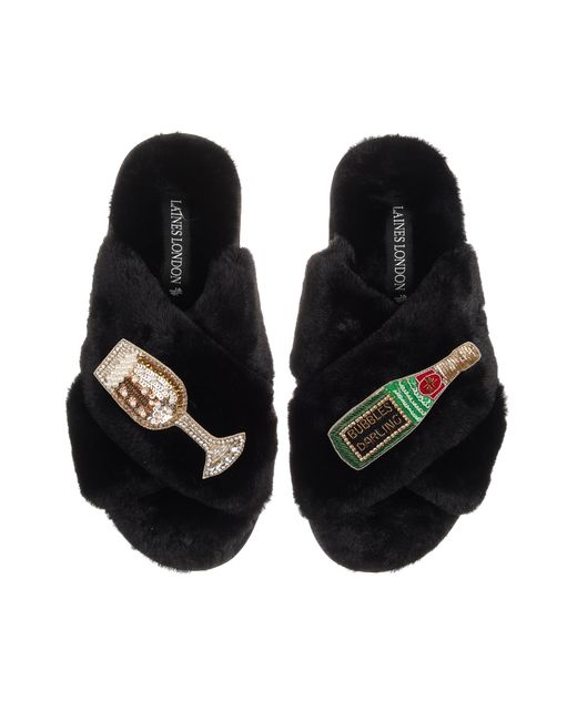 Laines London Black Classic Laines Slippers With Bubbles Darling Brooches