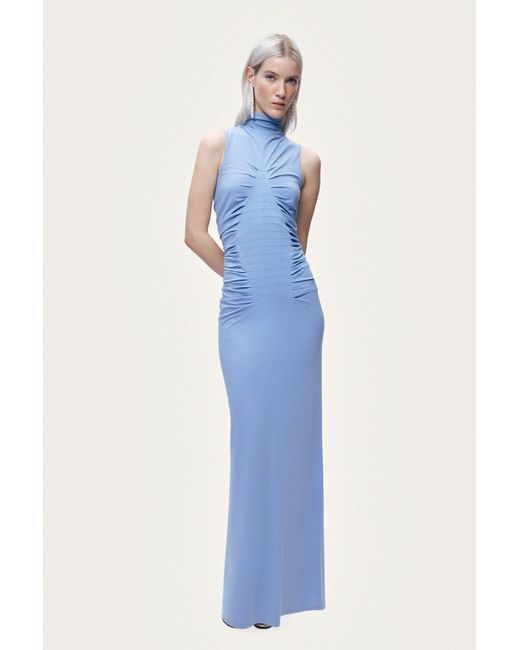 Nocturne Blue Ruched High-Neck Maxi Dress