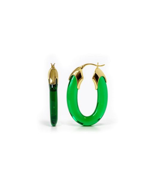 Gold & Honey Green Emerald Carved Oval Lucite Birthstone Hoop Earrings
