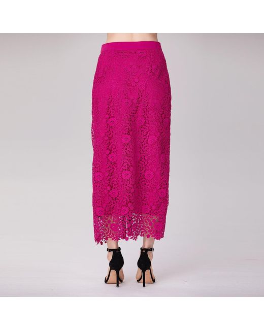Smart and Joy Red Lace And Center Buttons Straight Midi Skirt