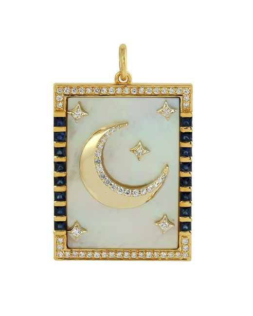 Artisan Metallic Mother Of Pearl & Blue Sapphire With Diamond In 14k Gold Crescent Moon Star Tarot Card Pendant