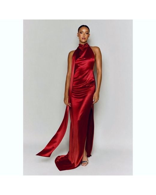 Moda Glam Red Muse Cowl Neck Open Back Gown