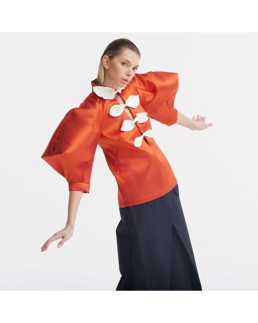 Julia Allert Orange Taffeta Deep V-Neck Blouse With Satin Floral Detail – Terracotta
