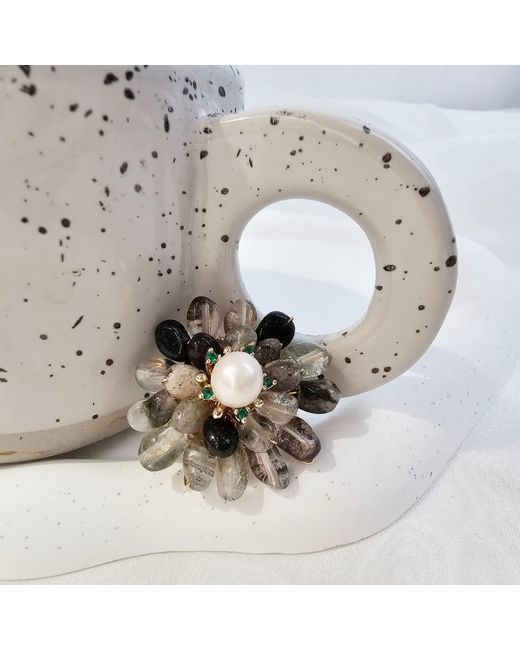 Farra Black Phantom Quartz Floral Brooch