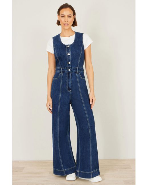 Yumi' Blue Denim Stretch Fitted Jumpsuit
