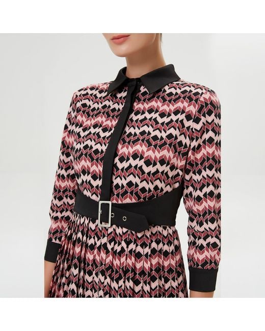Smart and Joy Red Bi-Material Pleated Shirt Dress With Appliqué Belt & Herringbone Print