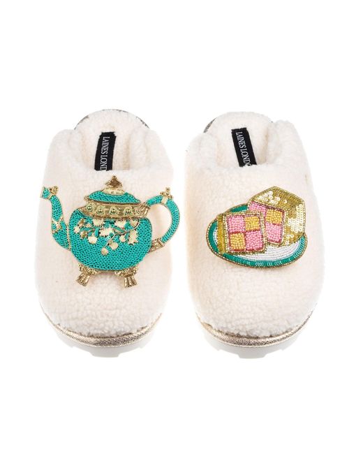 Laines London Blue Neutrals Laines X Juliet Teddy Closed Toe Slippers With Tea & Battenberg Cake Brooches