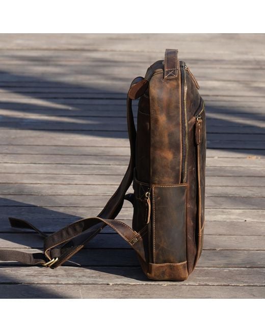 Touri Brown Minimalist Zip Open Leather Backpack for men