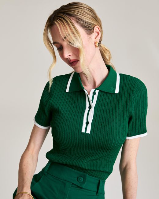 Victoria Paulsen Green Jamie Pointelle Knit Short Sleeve Polo