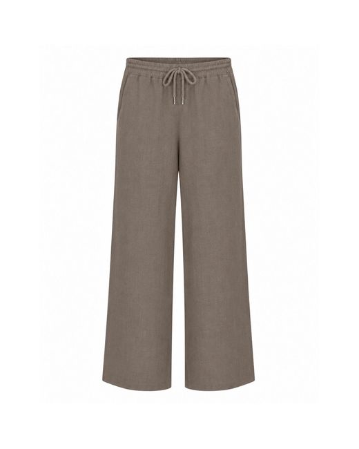Luella Fashion Gray Linen Trousers Elastic Waistband Drawstring Taupe