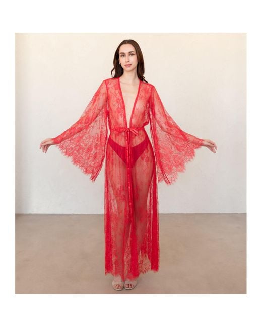 KÂfemme Red Sexy Lingerie Peignoir Lace Kimono Robe